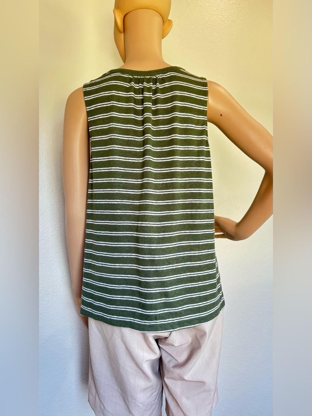 Old Navy Olive and White Striped Sleeveless Split-Neck Tank - Picture 7 of 13